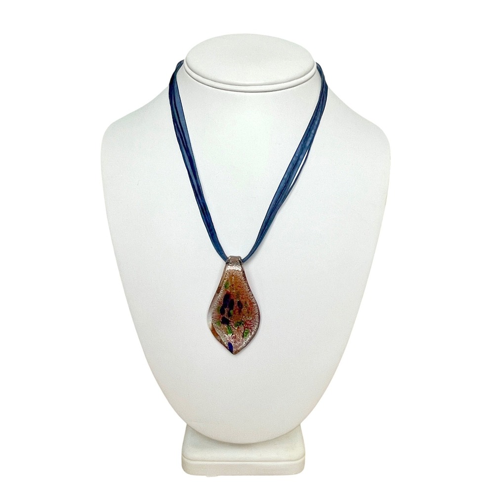 Artisan Murano Style Dichroic Glass Teardrop Pendant Necklace Ribbon Cord Artsy